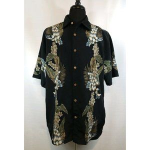 Premier International Mens Large Hawaiian Floral Print Camp Casual Black Shirt